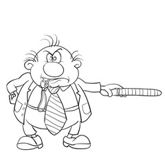 caricature of a man who blows a whistle and holds in his hands a police rod, sketch, isolated object on a white background, vector illustration,