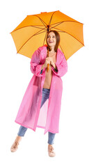 Happy woman with umbrella on white background