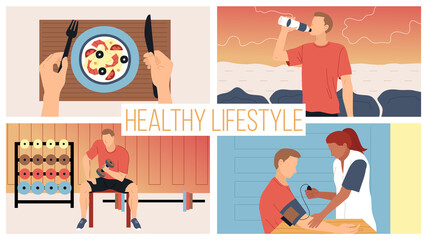 Concept Healthy Lifestyle And Active Sport. Young Man Following The Diet And Health, Measures Pressure, Do Exercising In Gym With Dumbbells, Eat Healthy Food. Cartoon Flat Style. Vector Illustration