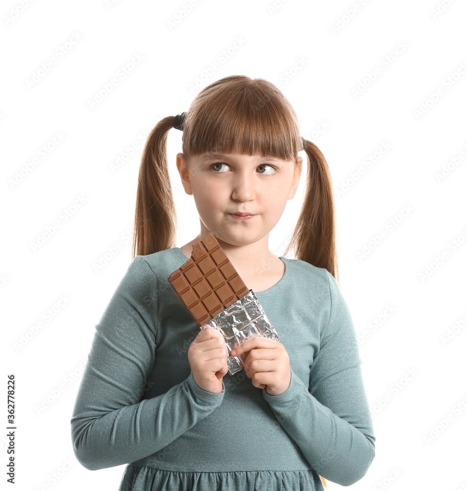 Canvas Prints Cute funny girl with chocolate on white background