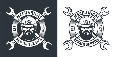 Repair service retro emblem with beard man in hard hat, spanner and ribbon. Industrial vintage logo. Vector illustration.