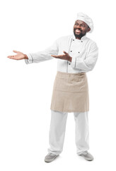 Male African-American chef showing something on white background