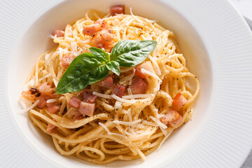 Plate with tasty pasta carbonara, closeup