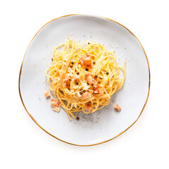 Plate with tasty pasta carbonara on white background