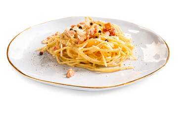 Plate with tasty pasta carbonara on white background