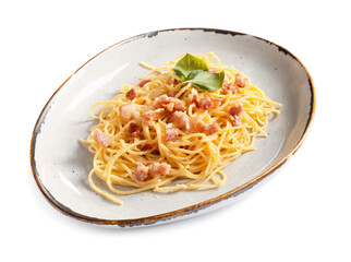Plate with tasty pasta carbonara on white background