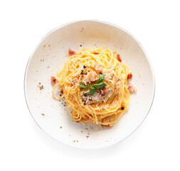 Plate with tasty pasta carbonara on white background