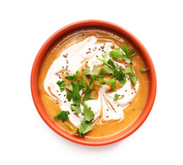 Bowl of tasty lentils soup on white background