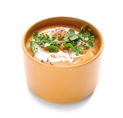 Bowl of tasty lentils soup on white background