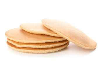 Tasty pancakes on white background
