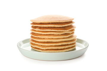 Plate with tasty pancakes on white background