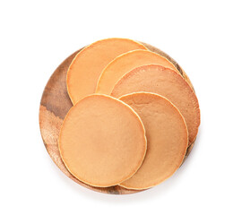 Plate with tasty pancakes on white background