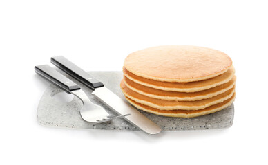 Tasty pancakes on white background