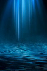 Empty futuristic dramatic fantasy scene. Night marine, underwater abstract background. Abstract dark landscape, street wet, smoke, smog. Neon blue light fluid element. 3D illustration