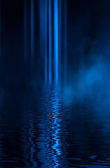 Obraz premium Empty futuristic dramatic fantasy scene. Night marine, underwater abstract background. Abstract dark landscape, street wet, smoke, smog. Neon blue light fluid element. 3D illustration