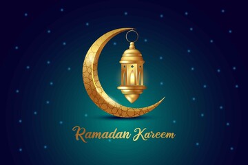 Obraz na płótnie Canvas Ramadan kareem islamic greeting design with golden moon and glow lantern illustration