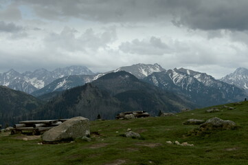 Poland Tatra Mountains. High Tatras from Rusinowa Polana. Cloudy sky. © Tomek