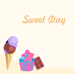 Sweet day card with ice cream and chocolate cupcake. Vector square template for social media, banners and flyers