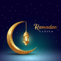 Obraz na płótnie Canvas Ramadan Kareem islamic design crescent moon and lantern with arabic pattern and calligraphy