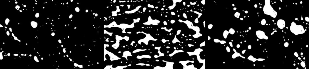 Fototapeta premium Grunge stains backgrounds set. Ink splatter. Paint splashes detailed backdrop. Liquid stains. Soap foam texture. Paint brush strokes and drops. Abstract vector illustration.