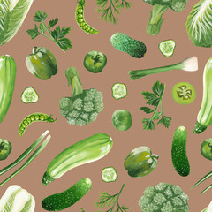 Hand drawn vegetables of green color. Raster seamless square pattern of zucchini, cucumber, tomato, broccoli, onion, parsley, dill, green peas in pods on a brown background