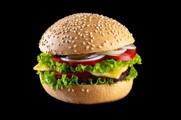 Burger against black background and sandwich hamburger with beef cheese,  meat.