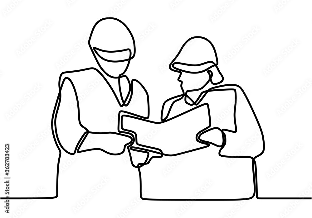 Poster one continuous line drawing of young construction engineer manager giving instruction to builder coo