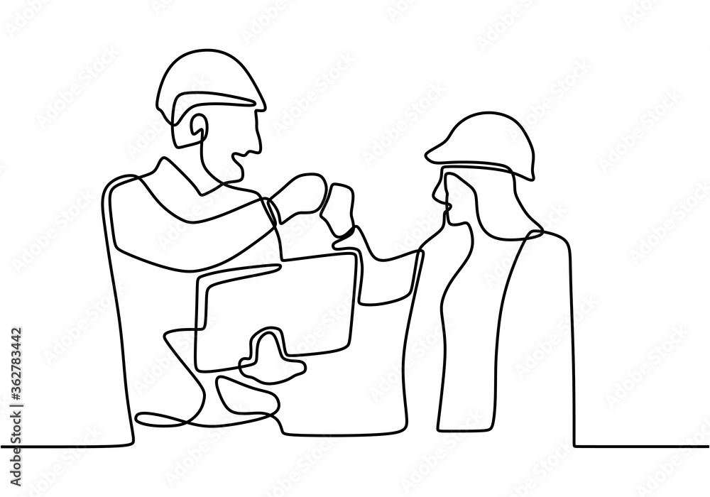 Poster continuous one line drawing of young architect discussing construction design with foreman manager w