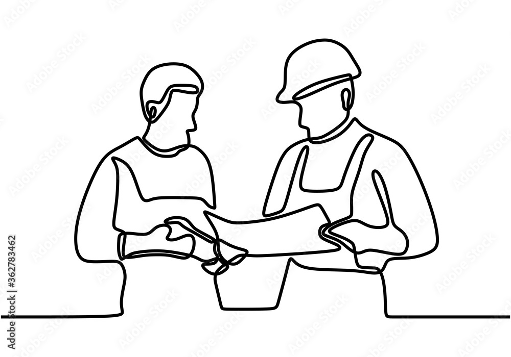 Poster single continuous line drawing of young architect discussing construction design with foreman manage