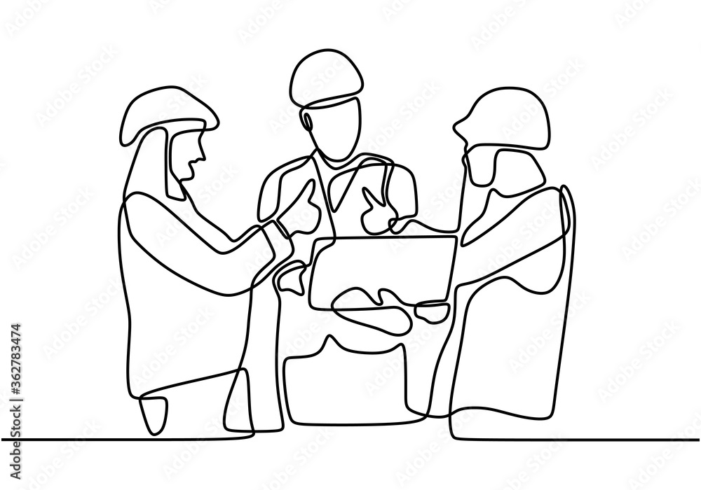Poster one line drawing of young engineer foreman giving instruction to team builder member. building const