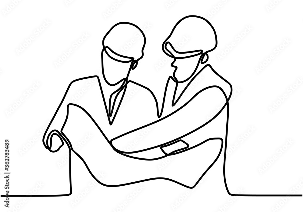 Poster one line drawing of young architect explaining building design blueprint to contractor. construction