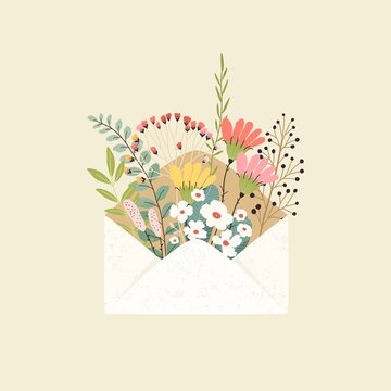 Romantic symbol letter with message of spring, summer or love, cute envelope. Vector floral illustration with flowers, branches and leaves.