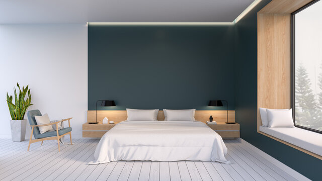 Minimalist Interior Of Bedroom ,white Bed With Easy Armchair  On White Flooring And Dark Green Walll