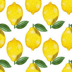 Whole lemon with a leaf - seamless print hand drawn with gouache paints and isolated on a white background. Raster seamless pattern of yellow ripe lemon
