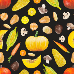 Seamless print with yellow and brown vegetables on a black background. Square raster seamless pattern of hand drawn vegetables: pumpkin, corn, potatoes, carrots, tomato, onions, mushroom