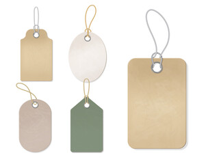 Blank gift box tags or sale shopping labels with rope. . Vintage craft organic white and brown price label tag vecor