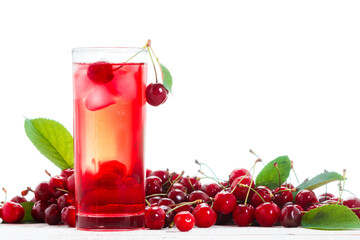 Cold alcoholic cherry cocktail on the white