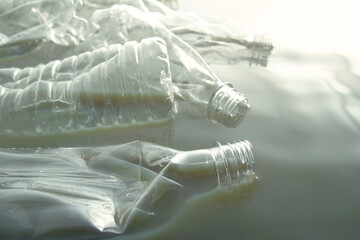 水面に漂うペットボトルと環境汚染