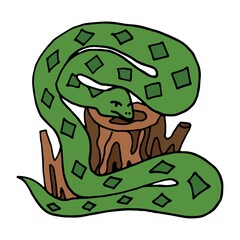 colored Hand drawn doodle snake on the wooden stump.