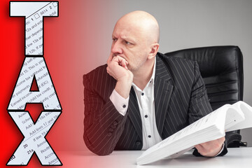 Tax inspector. Inscription TAX next to an upset man. Businessman is surprised by the amount of...