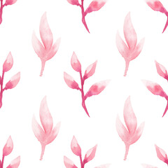 Pink-purple watercolor twigs and leaves isolated on a white background. Raster square seamless floral print.