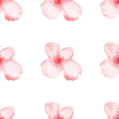 Fototapeta na wymiar Seamless raster pattern - pink watercolor flower isolated on a white background. Raster stock floral illustration with pastel pink hand-drawn print.