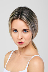 Close up portrait of pretty lady looking skeptical