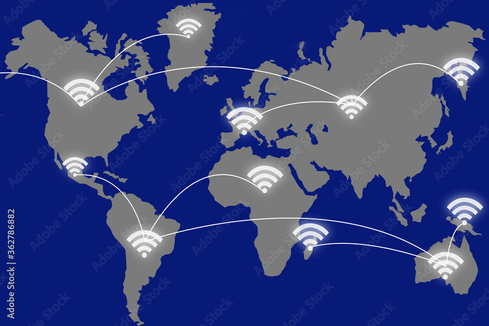 Poster wifi logos over different continents. concept - internet access in different countries. silhouettes 