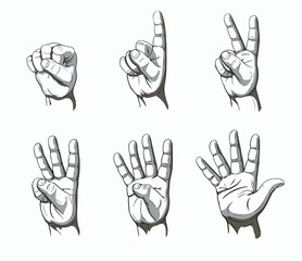 Men's hand palm counting in gesture with fingers one, two, three, four, five, hand drawn vector illustration in contrast grayscale cartoon style