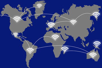 WiFi logos over different continents. Concept - internet access in different countries. Silhouettes of continents on a blue background. World map with wireless internet icons. Concept - public WiFi