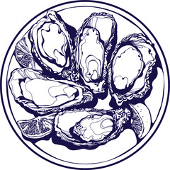 plate with oysters, sea delicacies. beautiful vector illustration isolated on white background