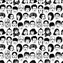 vector faces of girls and women, different characters and facial expressions, different hairstyles and age of women. Seamless vector pattern with types of female portraits.