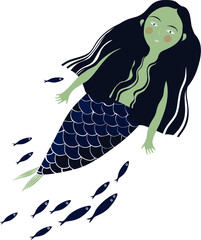 vector illustration with a mermaid. beautiful card with a little mermaid and a school of fish