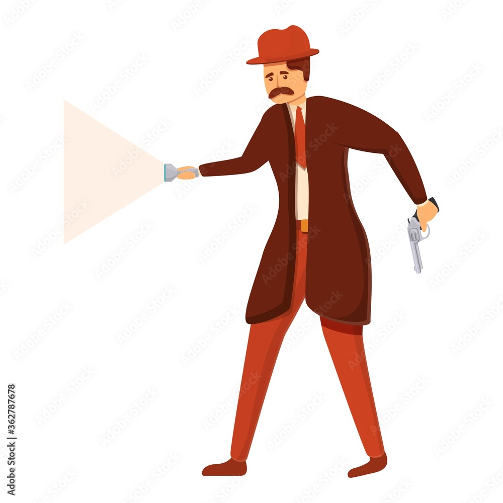 Poster investigator action with flashlight icon. cartoon of investigator action with flashlight vector icon